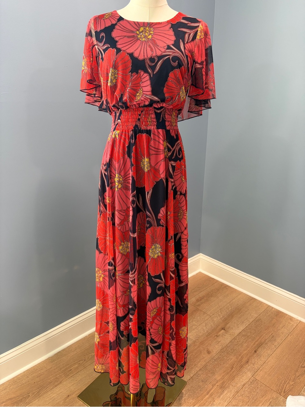 Kate & Lily Red Pink Floral Maxi Dress Size 6 Cape Overlay Flutter Sleeve Lined